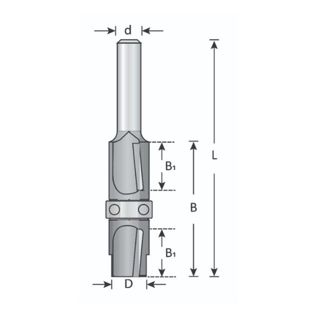 Mèche toupie 1/2'' de diamètre, embout de compression avec roulement à billes, 2 cannelures, tige 1/4'', longueur 2-9/16''