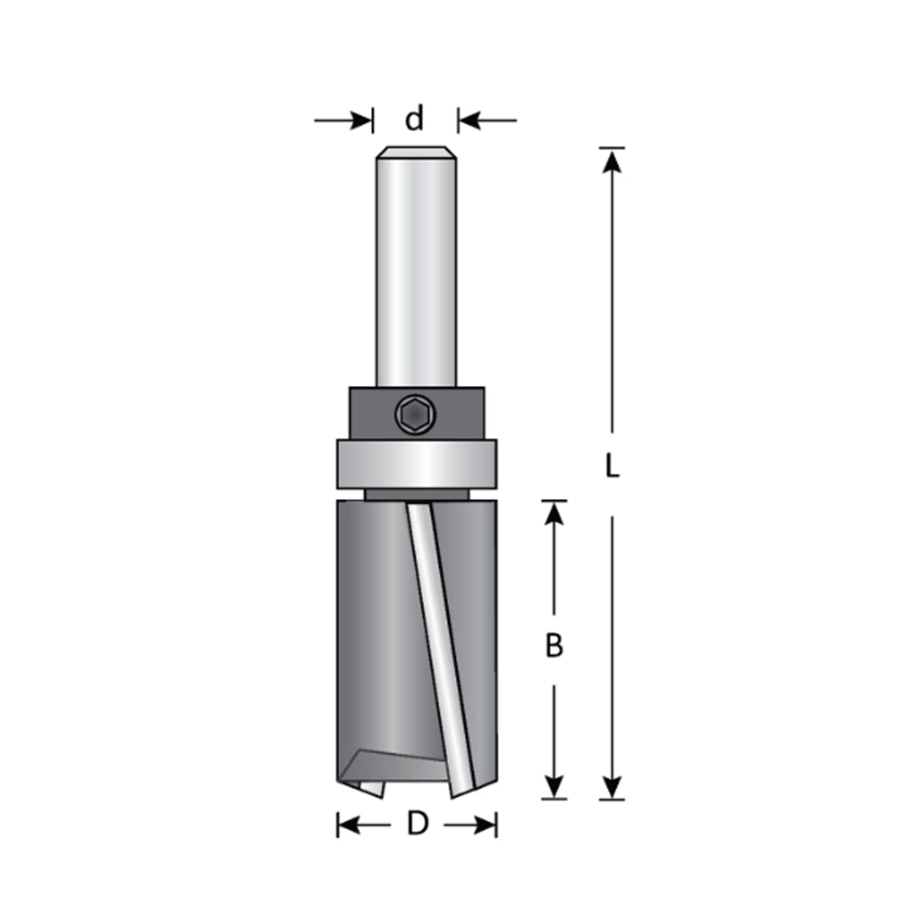 Mèche toupie 3/4'' de diamètre, embout droit à cisaillement vers le bas avec roulement à billes, 2 cannelures, longueur de coupe de 1-1/2'', tige de 1/2'', longueur de 3-1/2''