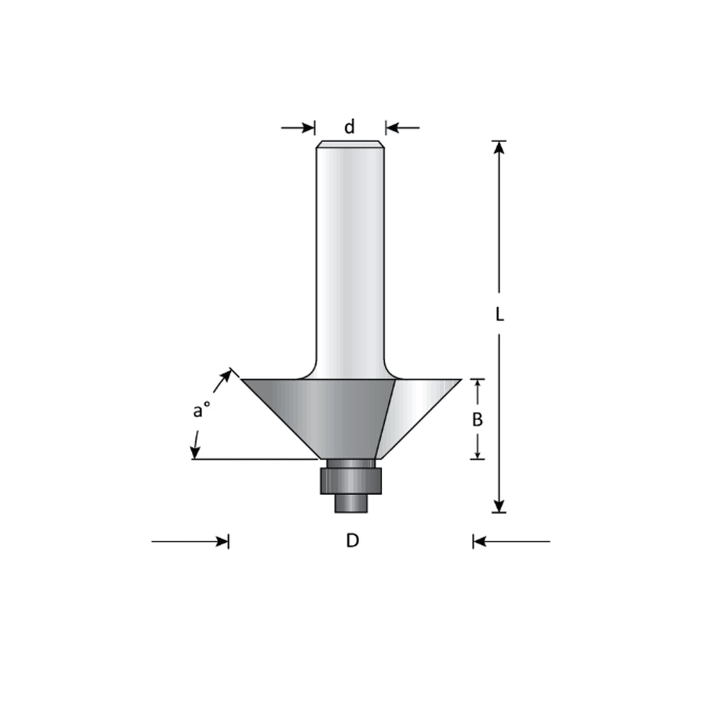Mèche toupie 1-1/4'' de diamètre, pointe en carbure, embouts chanfreinés avec roulement à billes, 2 cannelures, tige 1/4'', longueur 2''