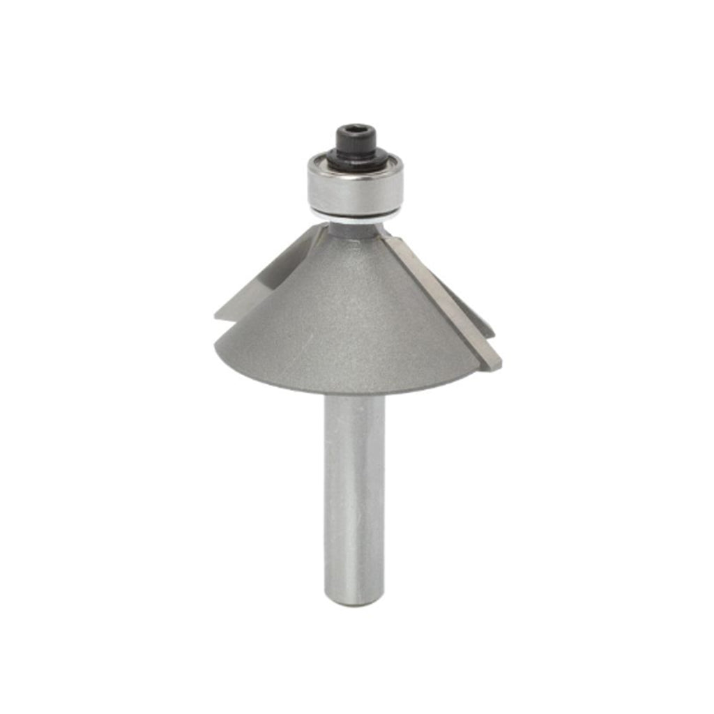 Mèche toupie 1-1/4'' de diamètre, pointe en carbure, embouts chanfreinés avec roulement à billes, 2 cannelures, tige 1/4'', longueur 2''