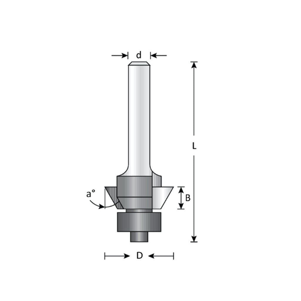 Mèche toupie 1'' de diamètre, pointe en carbure, embouts biseautés avec roulement à billes, 2 cannelures, tige 1/4'', longueur 2 1/8''