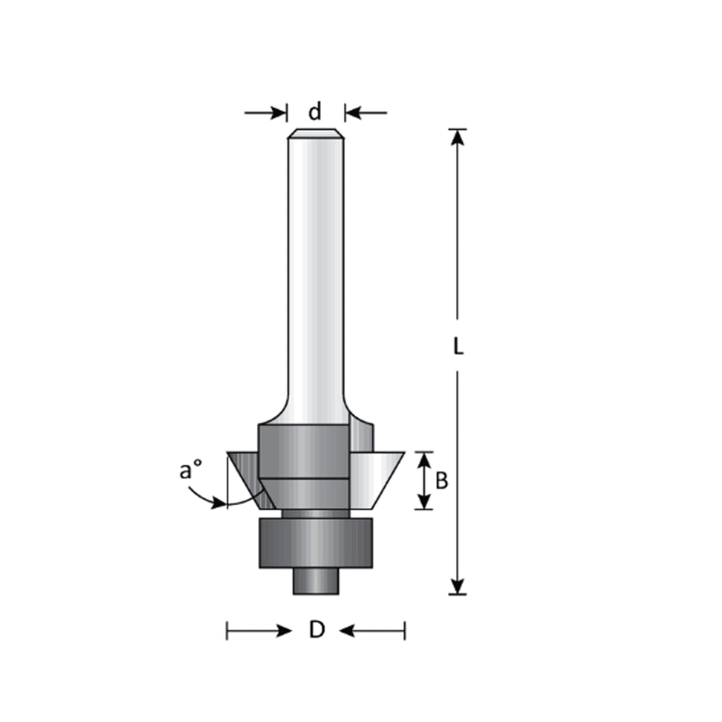 Mèche trim 5/8'' de diamètre, pointe en carbure, embouts biseautés avec roulement à billes, 2 cannelures, tige 1/4'', longueur 2''