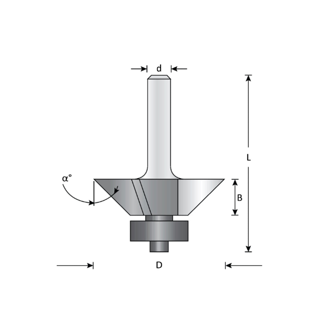 Mèche toupie 13/16'' de diamètre, pointe en carbure, embouts biseautés avec roulement à billes, 3 cannelures, tige 1/4'', longueur 1 7/8''
