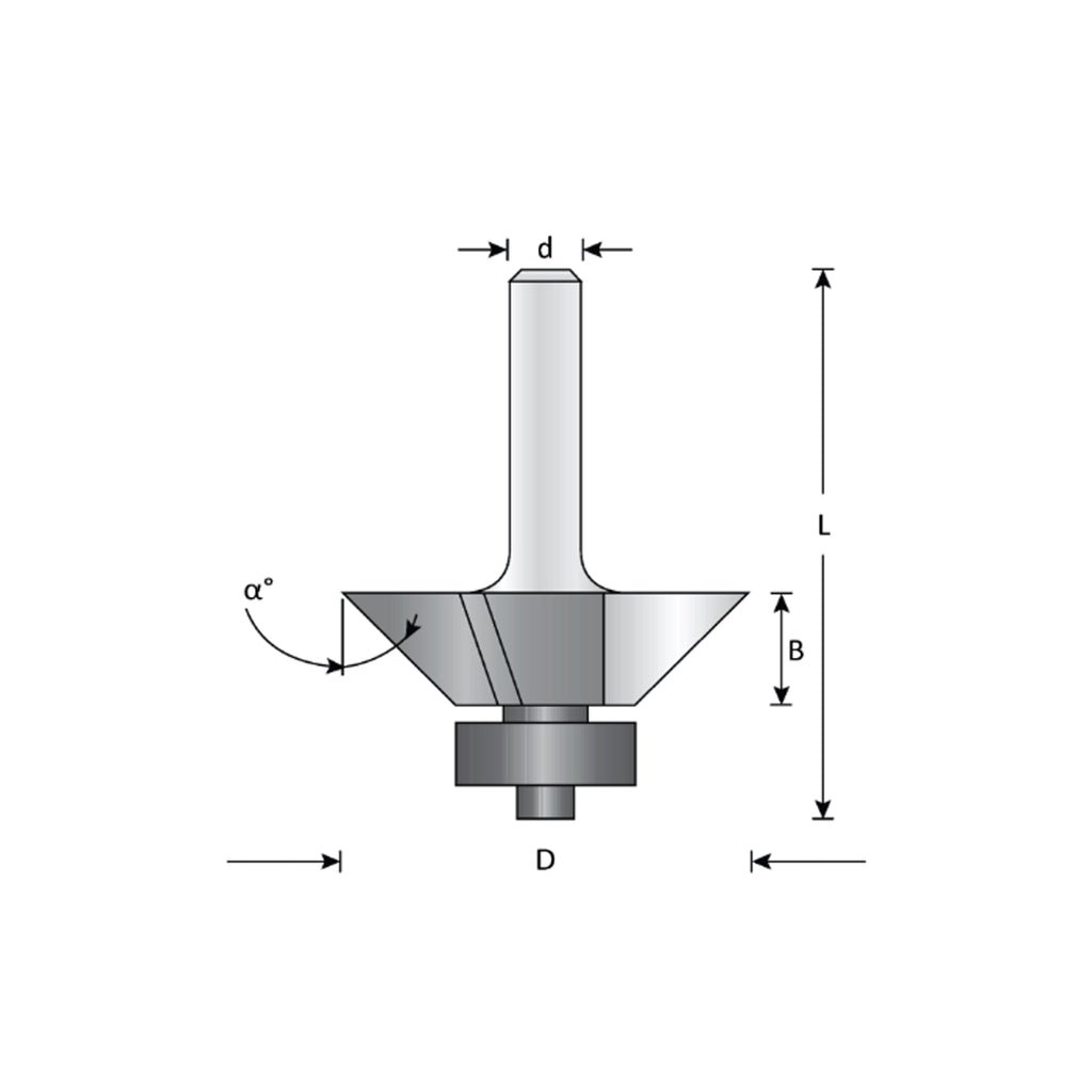 Mèche toupie 1-7/16'' de diamètre, pointe en carbure, embouts biseautés avec roulement à billes, 3 cannelures, tige 1/4'', longueur 1 7/8''