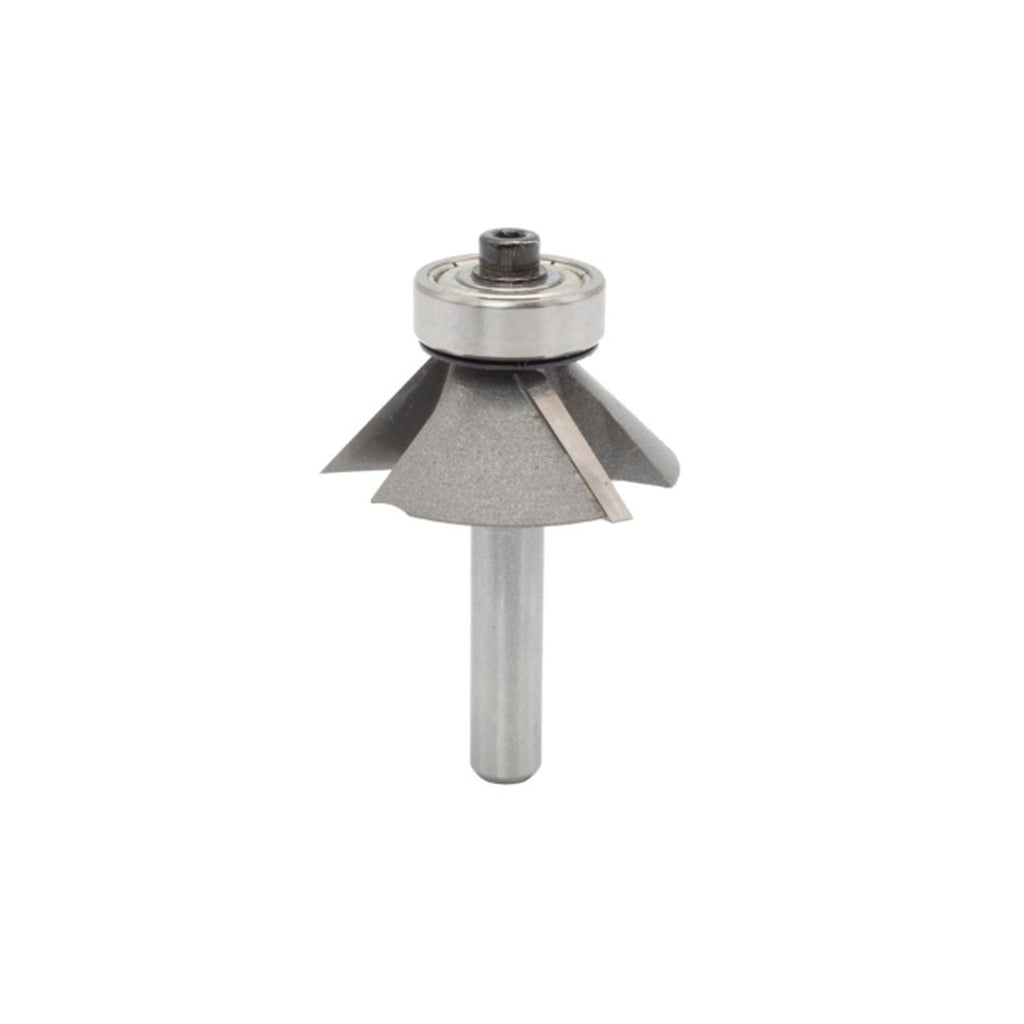 Mèche toupie 1-7/16'' de diamètre, pointe en carbure, embouts biseautés avec roulement à billes, 3 cannelures, tige 1/4'', longueur 1 7/8''