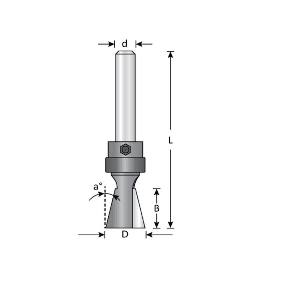 Mèche toupie 1/2'' de diamètre, pointe en carbure, embout à queue d'aronde avec roulement à billes, 2 cannelures, tige de 1/4'', longueur de 2 1/4''