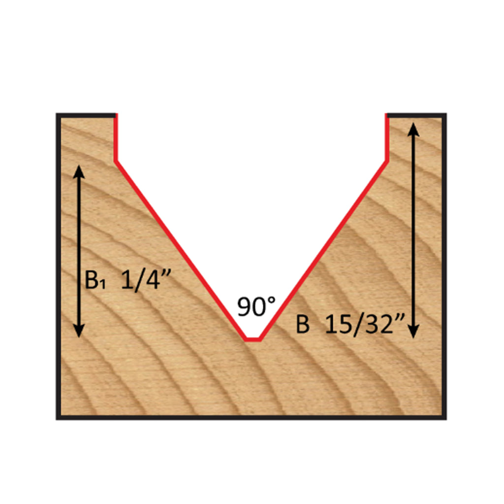 Mèche toupie 1/2'' de diamètre, pointe en carbure, embout à rainure en V, 90°, 2 cannelures, tige 1/4'', longueur 1 3/4''