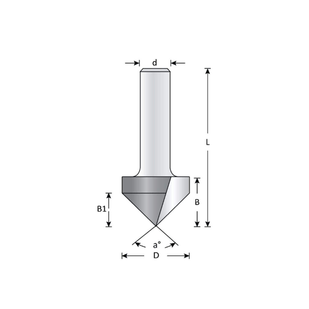 Mèche toupie 1/2'' de diamètre, pointe en carbure, embout à rainure en V, 90°, 2 cannelures, tige 1/4'', longueur 1 3/4''