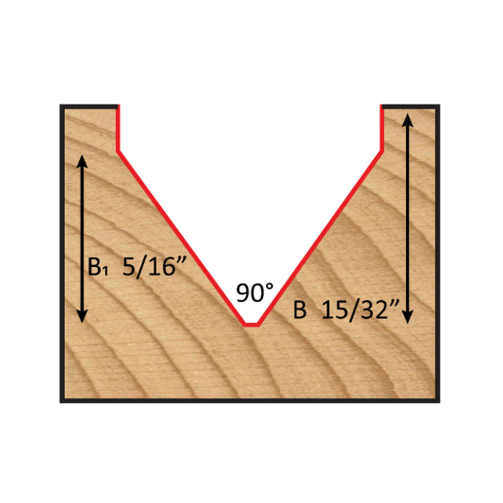 Mèche toupie 5/8'' de diamètre, pointe en carbure, embout à rainure en V, 90°, 2 cannelures, tige 1/4'', longueur 1 3/4''