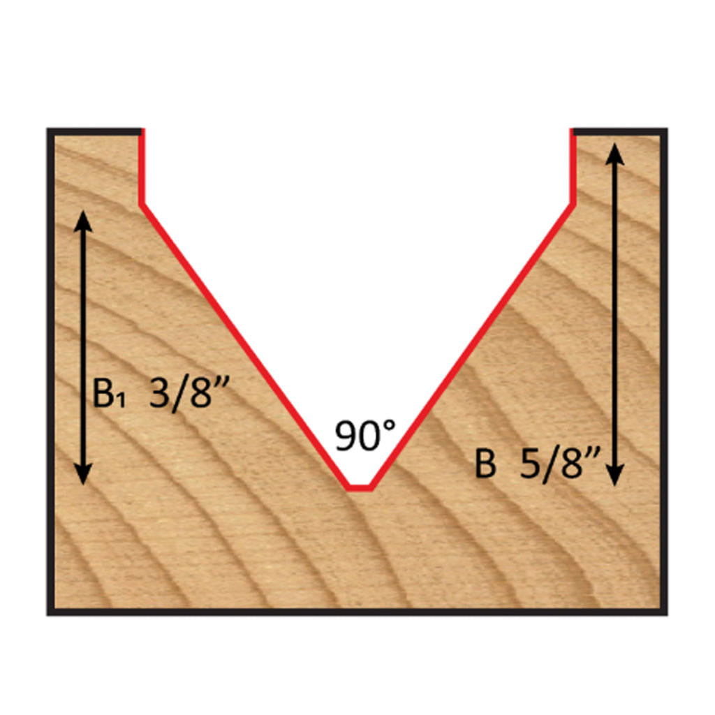 Mèche toupie 3/4'' de diamètre, pointe en carbure, embout à rainure en V, 90°, 2 cannelures, tige 1/2'', longueur 2 1/4''