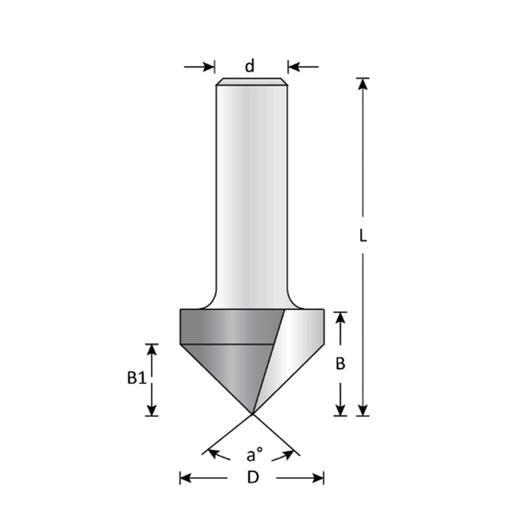 Mèche toupie 3/4'' de diamètre, pointe en carbure, embout à rainure en V, 90°, 2 cannelures, tige 1/2'', longueur 2 1/4''