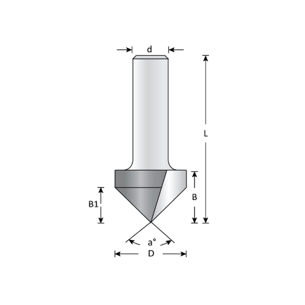 Mèche toupie 7/8'' de diamètre, pointe en carbure, embout à rainure en V, 90°, 2 cannelures, tige 1/2'', longueur 2 1/4''