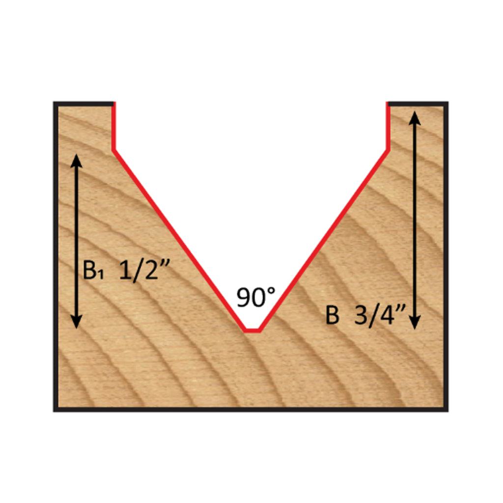 Mèche toupie 1'' de diamètre, pointe en carbure, embout à rainure en V, 90°, 2 cannelures, tige 1/2'', longueur 2 3/8''