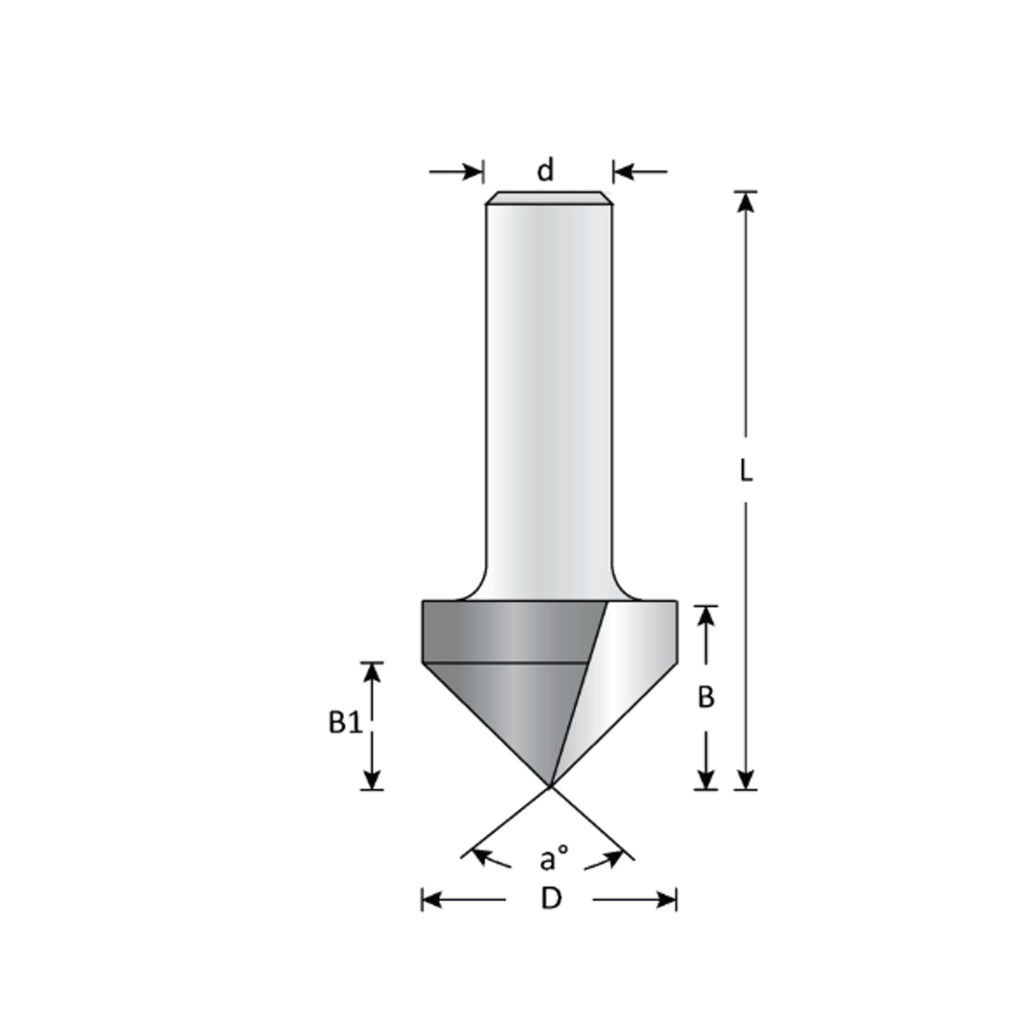 Mèche toupie 1-1/4'' de diamètre, pointe en carbure, embout à rainure en V, 90°, 2 cannelures, tige 1/2'', longueur 2 1/2''