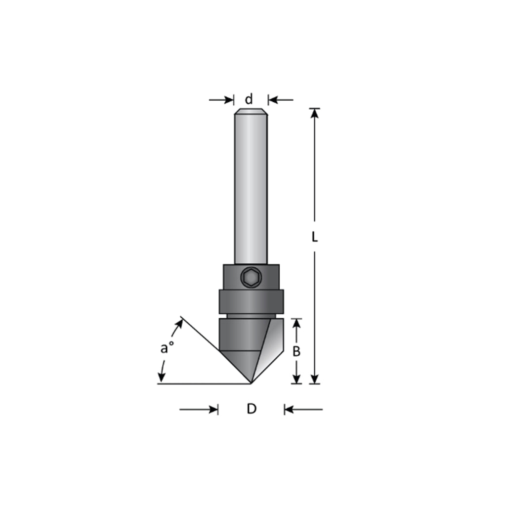 Mèche toupie 1/2'' de diamètre, pointe en carbure, embout à rainure en V avec roulement à billes, 2 cannelures, tige 1/4'', longueur 2''