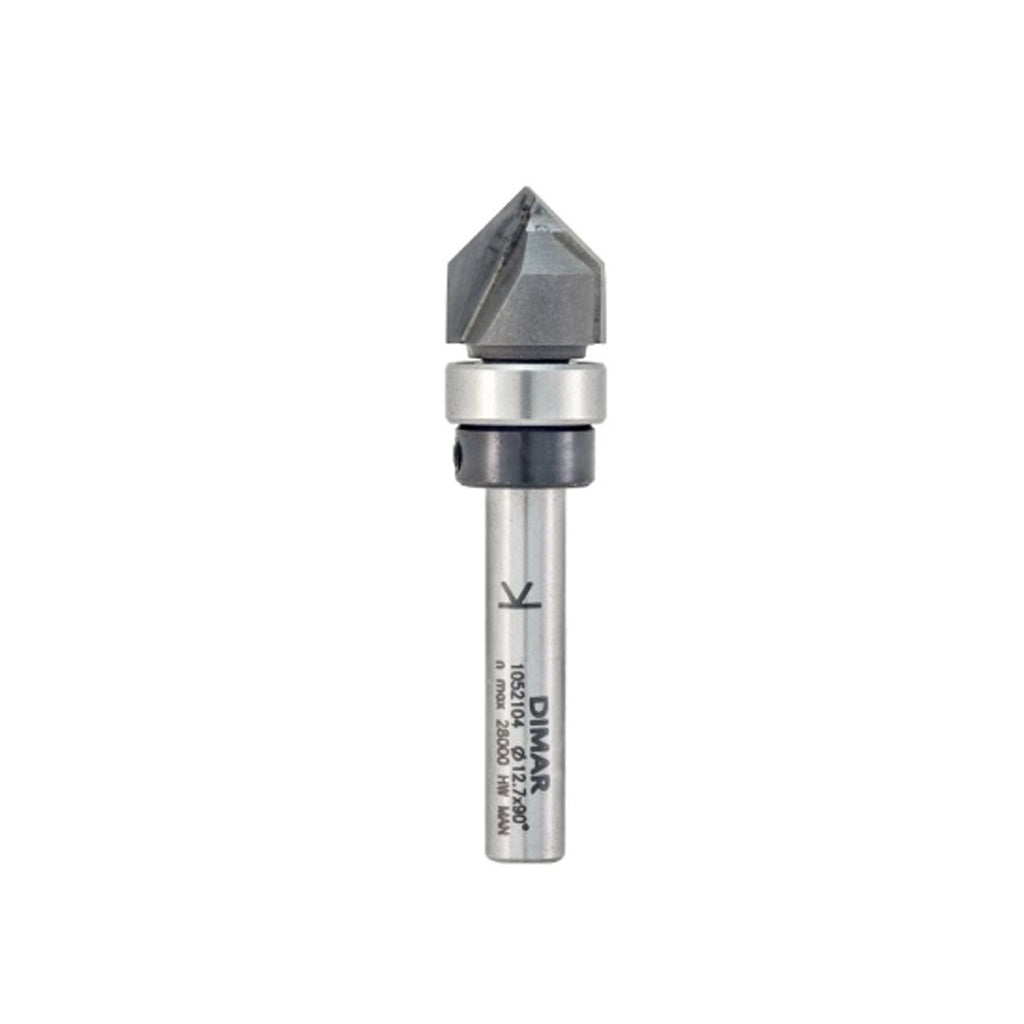 Mèche toupie 1/2'' de diamètre, pointe en carbure, embout à rainure en V avec roulement à billes, 2 cannelures, tige 1/4'', longueur 2''