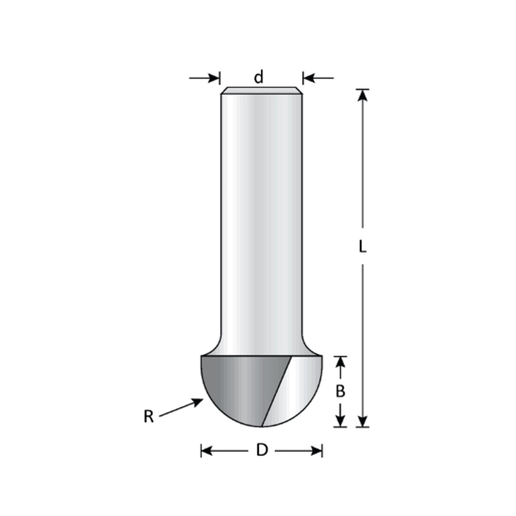 Mèche toupie 3/4'' de diamètre, pointe en carbure, embout à noyau, 2 cannelures, tige 1/2'', longueur 2''