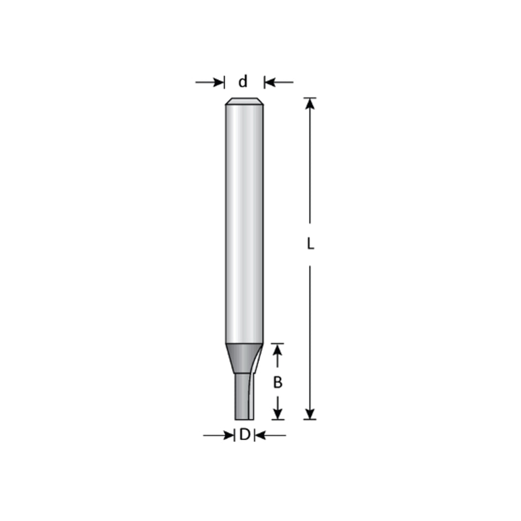 Mèche toupie 15 mm de diamètre, pointe en carbure, embout droit, 2 cannelures, tige 1/4'', longueur 2''