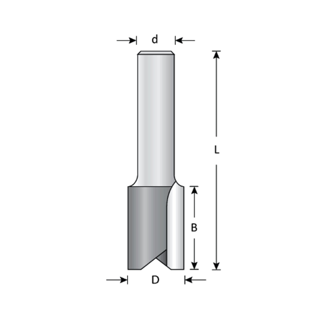 Mèche toupie 3/16'' de diamètre, pointe en carbure, embout droit, 2 cannelures, tige 1/4'', longueur 2''