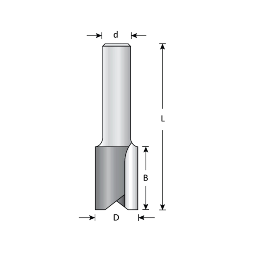 Mèche toupie 1/4'' de diamètre, pointe en carbure, embout droit, 2 cannelures, tige 1/2'', longueur 2''