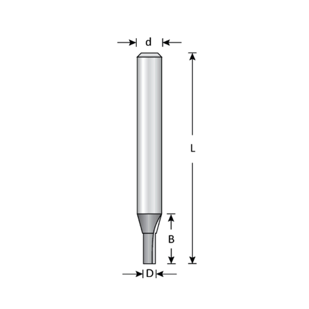 Mèche toupie 8 mm de diamètre, pointe en carbure, embout droit, 2 cannelures, tige 1/4'', longueur 2 1/4''
