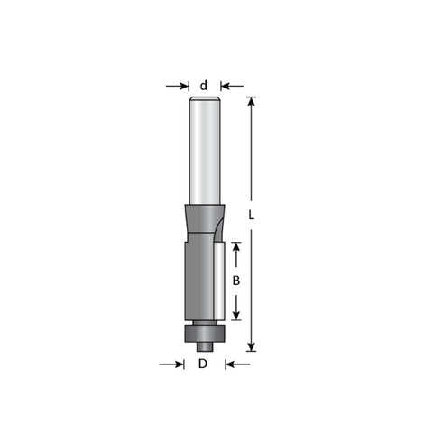 Mèche toupie 1/2'' de diamètre, pointe en carbure, embout affleurant avec roulement à billes, 2 cannelures, tige 1/4'', longueur 2''