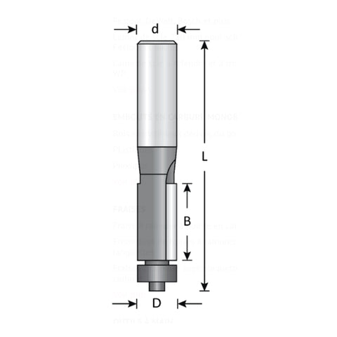 Mèche toupie 3/4'' de diamètre, pointe en carbure, embout affleurant avec roulement à billes, 2 cannelures, tige 1/2'', longueur 3''