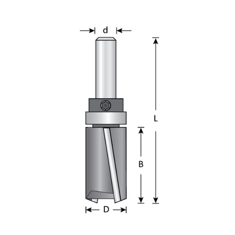 Mèche toupie 3/4'' de diamètre, embout droit à cisaillement vers le bas avec roulement à billes, 2 cannelures, longueur de coupe de 1-1/2'', tige de 1/2'', longueur de 3-1/2''