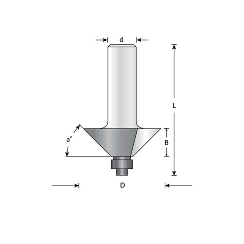 Mèche toupie 1-1/4'' de diamètre, pointe en carbure, embouts chanfreinés avec roulement à billes, 2 cannelures, tige 1/2'', longueur 2 3/8''