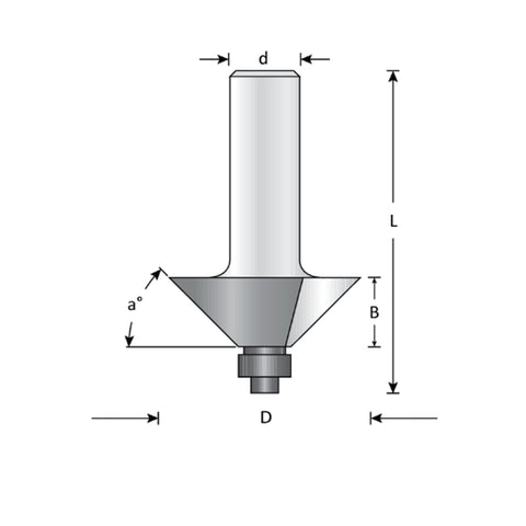 Mèche toupie 2'' de diamètre, pointe en carbure, chanfreins avec roulement à billes, 2 cannelures, tige 1/2'', longueur 2 5/8''