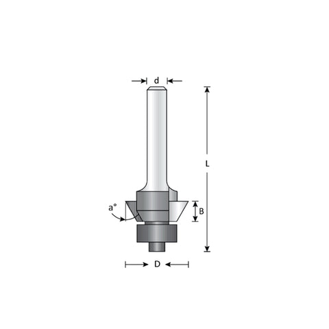 Mèche toupie 3/4'' de diamètre, pointe en carbure, embouts biseautés avec roulement à billes, 2 cannelures, tige 1/4'', longueur 2 1/8''