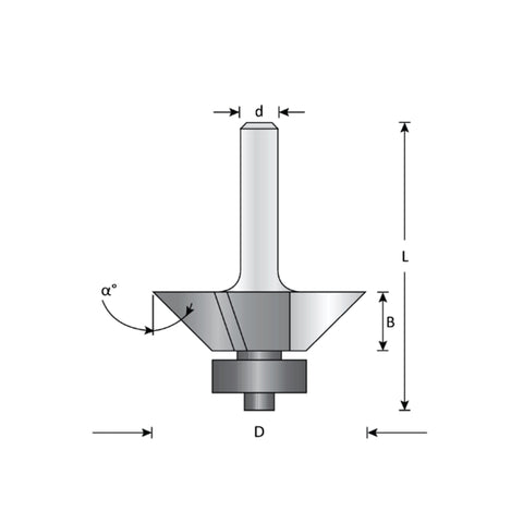 Mèche toupie 13/16'' de diamètre, pointe en carbure, embouts biseautés avec roulement à billes, 3 cannelures, tige 1/4'', longueur 1 7/8''