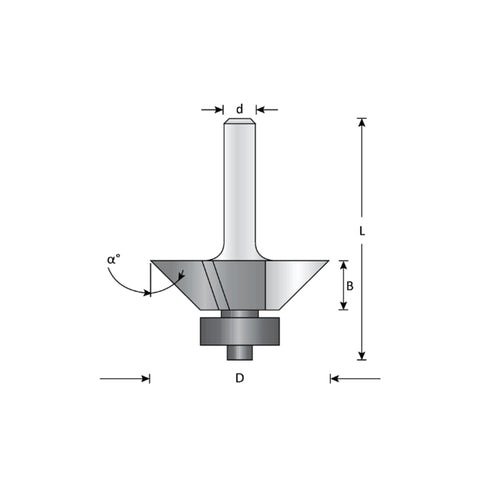 Mèche toupie 1-7/16'' de diamètre, pointe en carbure, embouts biseautés avec roulement à billes, 3 cannelures, tige 1/4'', longueur 1 7/8''