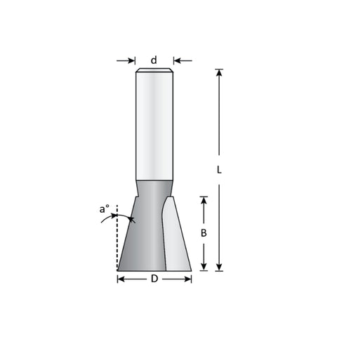 Mèche toupie 3/8'' de diamètre, pointe en carbure, embout à queue d'aronde, 2 cannelures, RH, tige 1/4'', longueur 1 5/8''