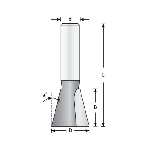Mèche toupie 1/2'' de diamètre, pointe en carbure, embout à queue d'aronde, 2 cannelures, RH, tige 1/4'', longueur 1 3/4''