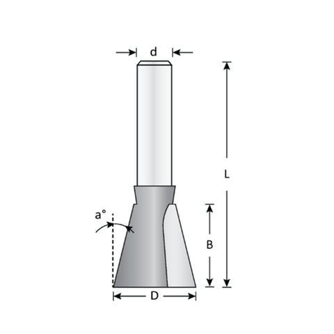 Mèche toupie 3/8'' de diamètre, pointe en carbure, embout à queue d'aronde, 2 cannelures, RH, tige 1/2'', longueur 2 1/8''
