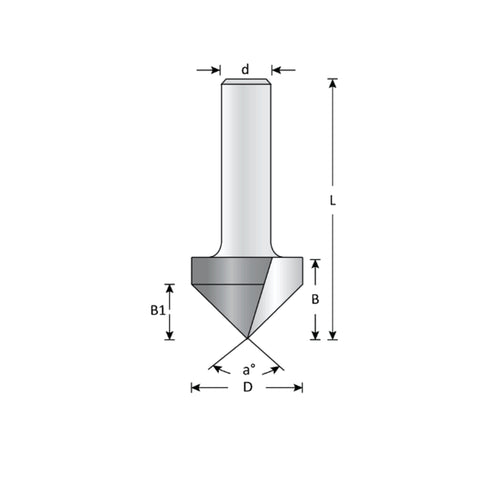 Mèche toupie 3/8'' de diamètre, pointe en carbure, embout à rainure en V, 90°, 2 cannelures, tige 1/4'', longueur 1 3/4''