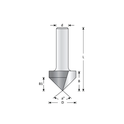 Mèche toupie 1/2'' de diamètre, pointe en carbure, embout à rainure en V, 90°, 2 cannelures, tige 1/4'', longueur 1 3/4''