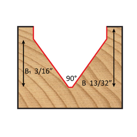 Mèche toupie 3/8'' de diamètre, pointe en carbure, embout à rainure en V, 90°, 2 cannelures, tige 1/2'', longueur 1 3/4''