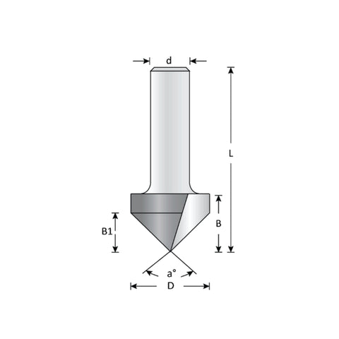 Mèche toupie 3/8'' de diamètre, pointe en carbure, embout à rainure en V, 90°, 2 cannelures, tige 1/2'', longueur 1 3/4''