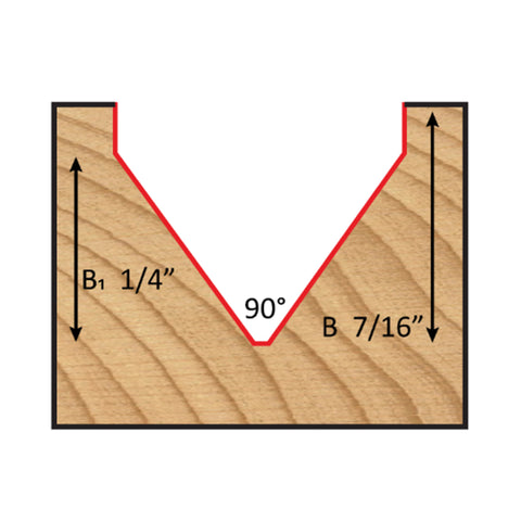 Mèche toupie 1/2'' de diamètre, pointe en carbure, embout à rainure en V, 90°, 2 cannelures, tige 1/2'', longueur 2 1/8''