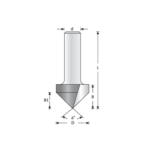 Mèche toupie 1/2'' de diamètre, pointe en carbure, embout à rainure en V, 90°, 2 cannelures, tige 1/2'', longueur 2 1/8''