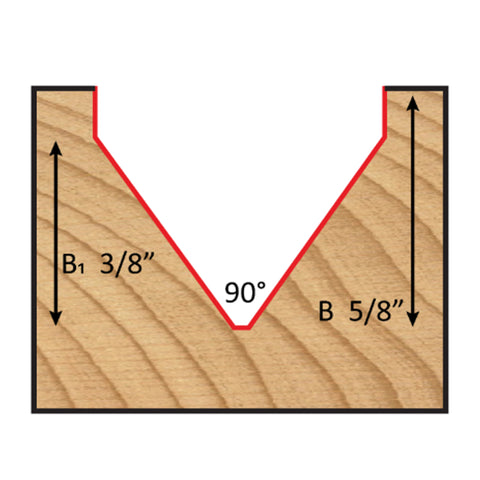 Mèche toupie 3/4'' de diamètre, pointe en carbure, embout à rainure en V, 90°, 2 cannelures, tige 1/2'', longueur 2 1/4''