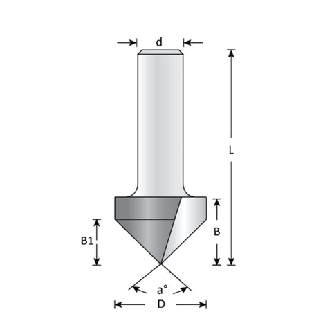 Mèche toupie 3/4'' de diamètre, pointe en carbure, embout à rainure en V, 90°, 2 cannelures, tige 1/2'', longueur 2 1/4''