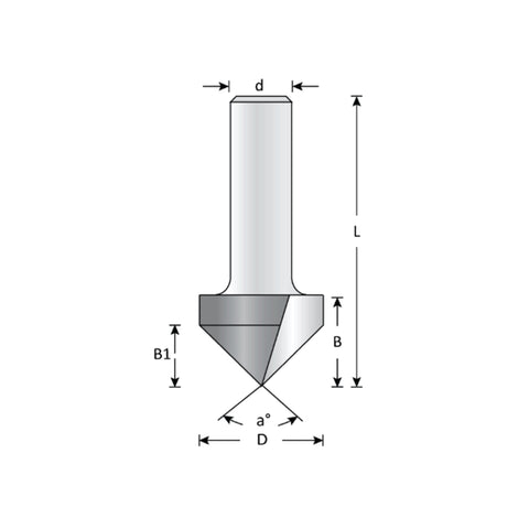 Mèche toupie 7/8'' de diamètre, pointe en carbure, embout à rainure en V, 90°, 2 cannelures, tige 1/2'', longueur 2 1/4''
