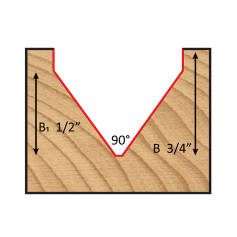 Mèche toupie 1'' de diamètre, pointe en carbure, embout à rainure en V, 90°, 2 cannelures, tige 1/2'', longueur 2 3/8''