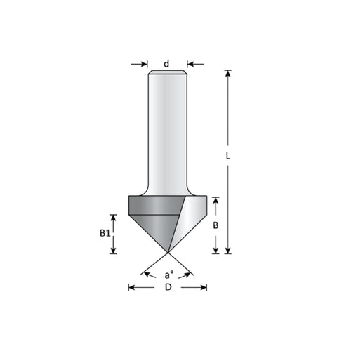 Mèche toupie 1'' de diamètre, pointe en carbure, embout à rainure en V, 90°, 2 cannelures, tige 1/2'', longueur 2 3/8''