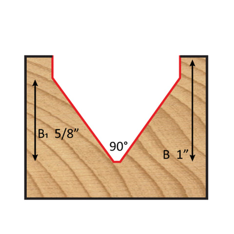 Mèche toupie 1-1/4'' de diamètre, pointe en carbure, embout à rainure en V, 90°, 2 cannelures, tige 1/2'', longueur 2 1/2''