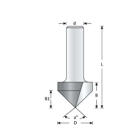 Mèche toupie 1-1/4'' de diamètre, pointe en carbure, embout à rainure en V, 90°, 2 cannelures, tige 1/2'', longueur 2 1/2''