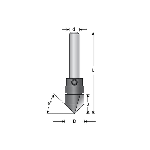 Mèche toupie 1/2'' de diamètre, pointe en carbure, embout à rainure en V avec roulement à billes, 2 cannelures, tige 1/4'', longueur 2''